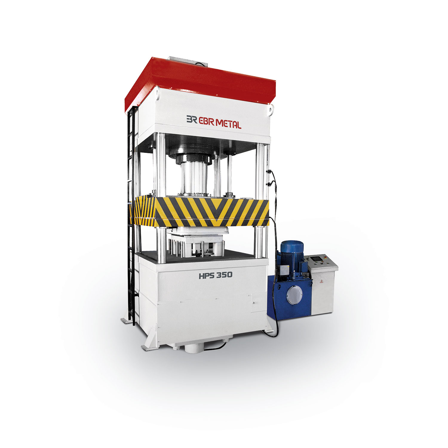 Industrial hydraulic deep-drawing press with upper ram, forming bed, and control panel in a factory