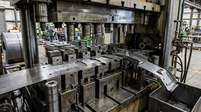 Progressive stamping die forming a continuous metal strip through multiple stations