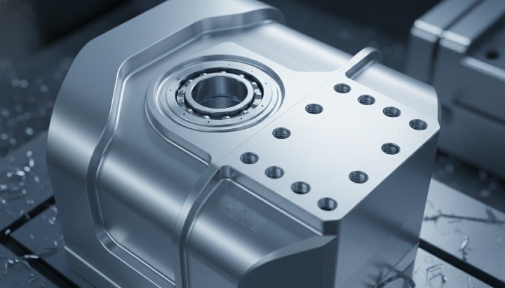 Close-up CNC-machined aluminum robotic joint housing with precision bearing seat and smooth mounting surface