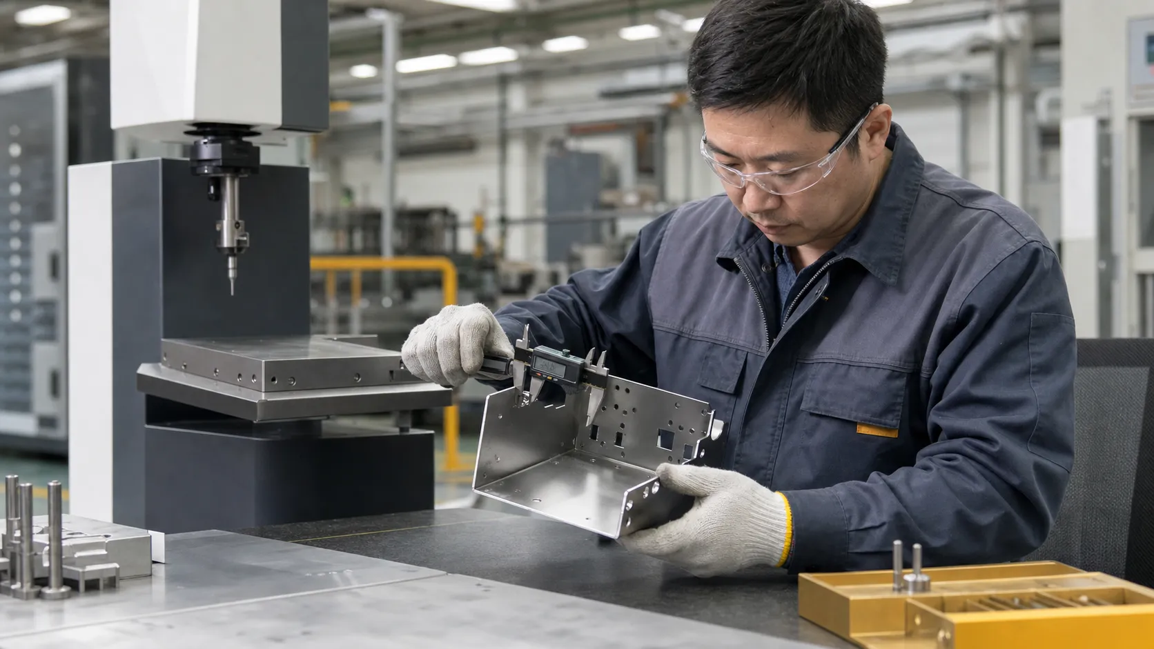 Factory engineer inspecting stamped metal parts beside production equipment and quality-control documentation