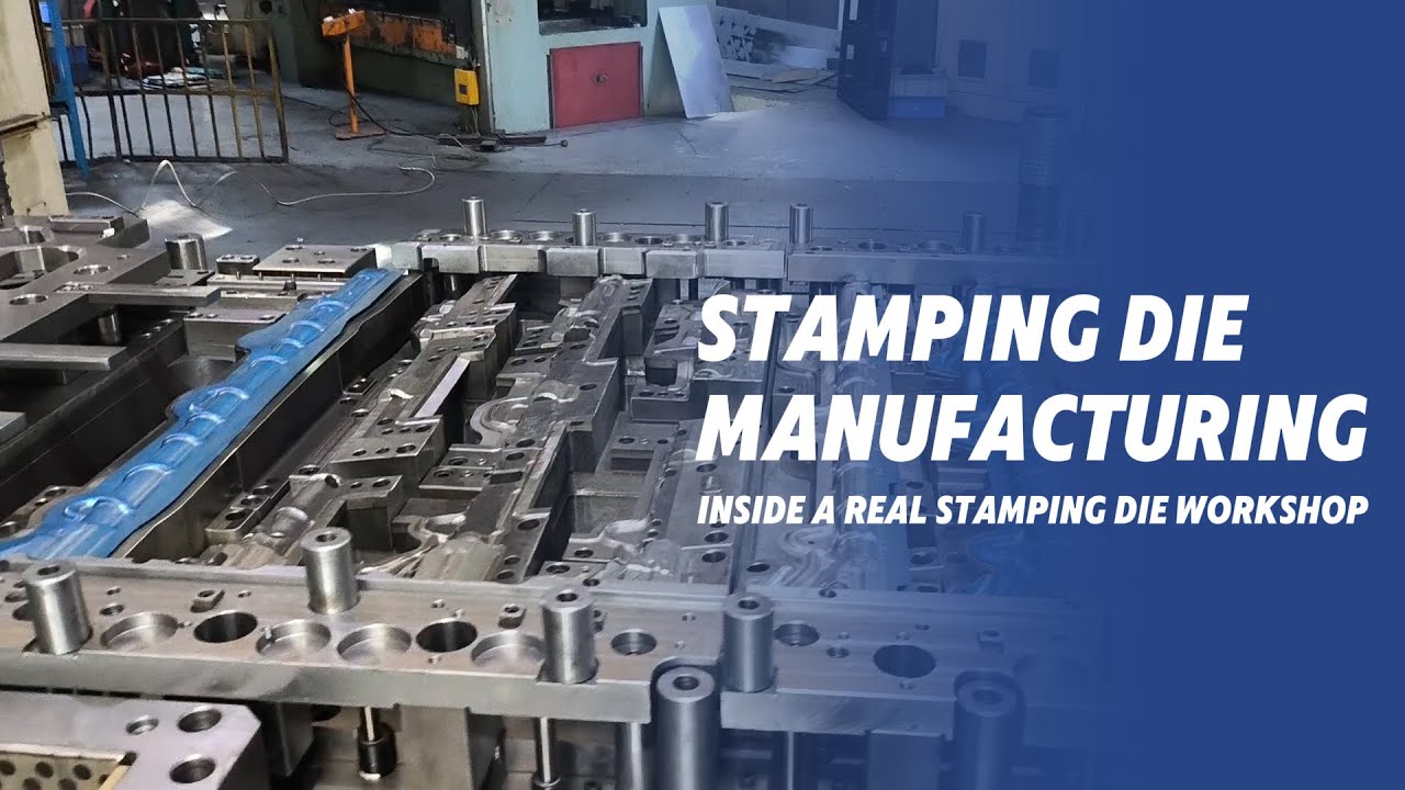 Machined stamping die components arranged in a real tool-and-die workshop