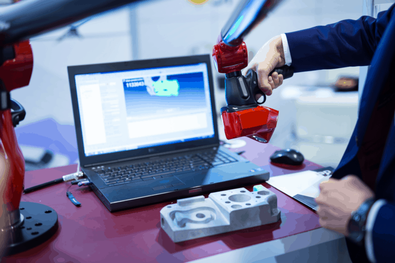 Coordinate measuring machine probe inspecting a manufactured metal component during precision dimensional quality control