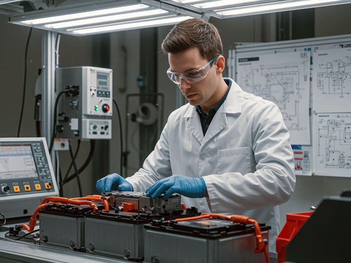 Technician in protective coat inspecting a battery energy storage system inside a testing laboratory