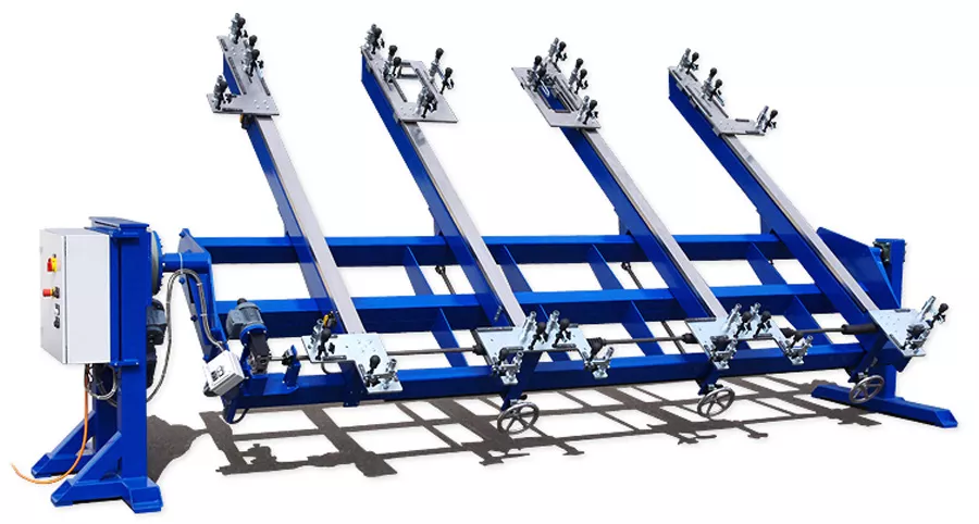 Blue frame welding fixture with multiple clamps and supports arranged for fabricated metal assembly