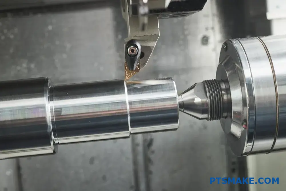 Real CNC lathe cutting a stepped polished steel shaft held between chuck and center