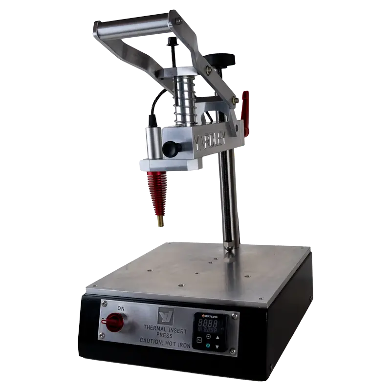 Yardley thermal inserting press for installing threaded metal inserts in low-volume manufacturing