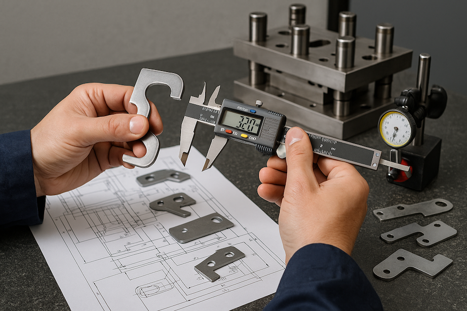 Precision metal stamping quality-control photograph showing stamped components and inspection equipment in a manufacturing setting