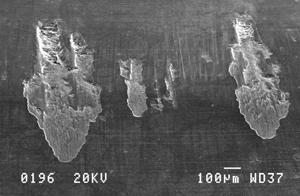 Microscopic photograph showing adhesive galling marks where tool steel and stamped sheet metal surfaces fused
