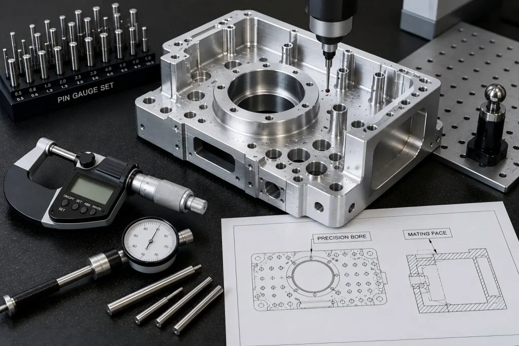 CNC-machined aluminum housing with precision gauges, micrometer, bore gauge, and engineering drawing