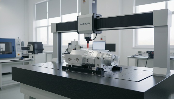 CMM probe measuring a machined component in a clean metrology laboratory