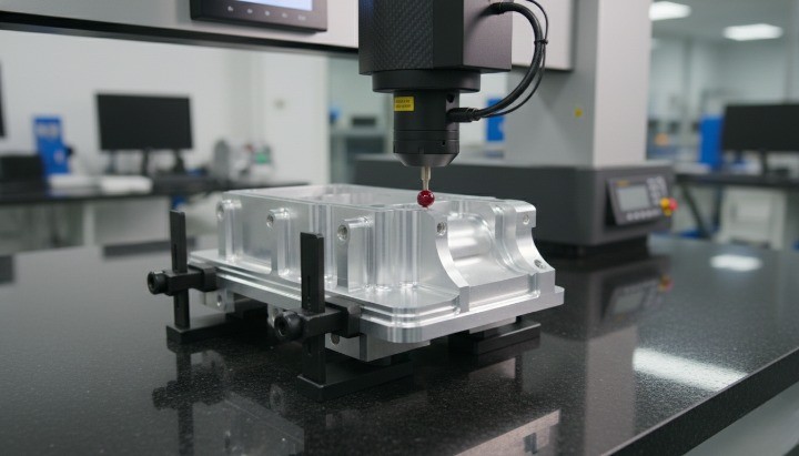 Bridge CMM probe measuring a machined aluminum housing on a granite inspection table