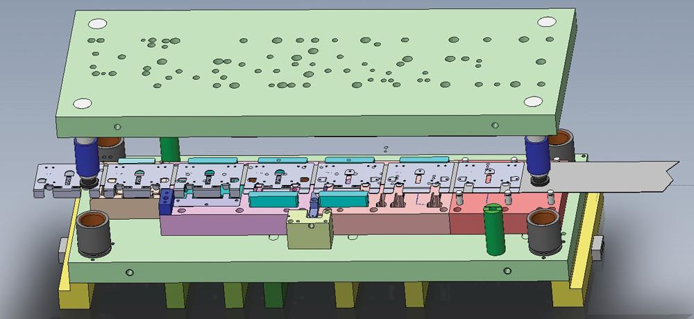 Progressive die strip layout illustrating multi-station stamping progression
